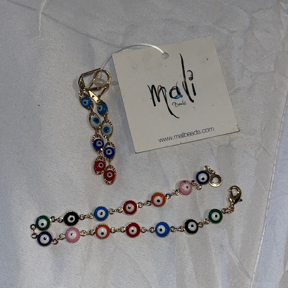 Evil eye bracelet/anklet & earrings